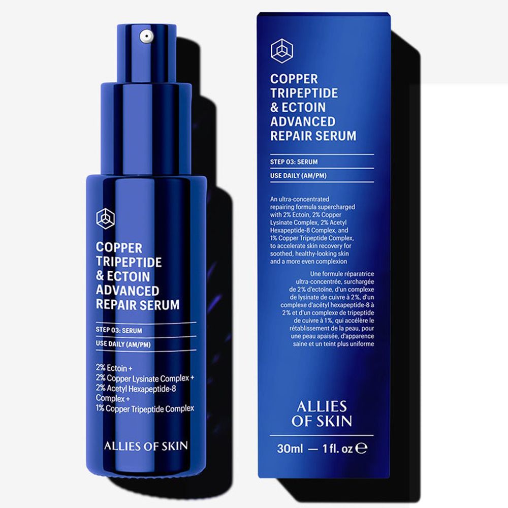 Confezione del prodotto: flacone e scatola. Scritta: Copper Tripeptide & Ectoin Advanced Repair Serum.