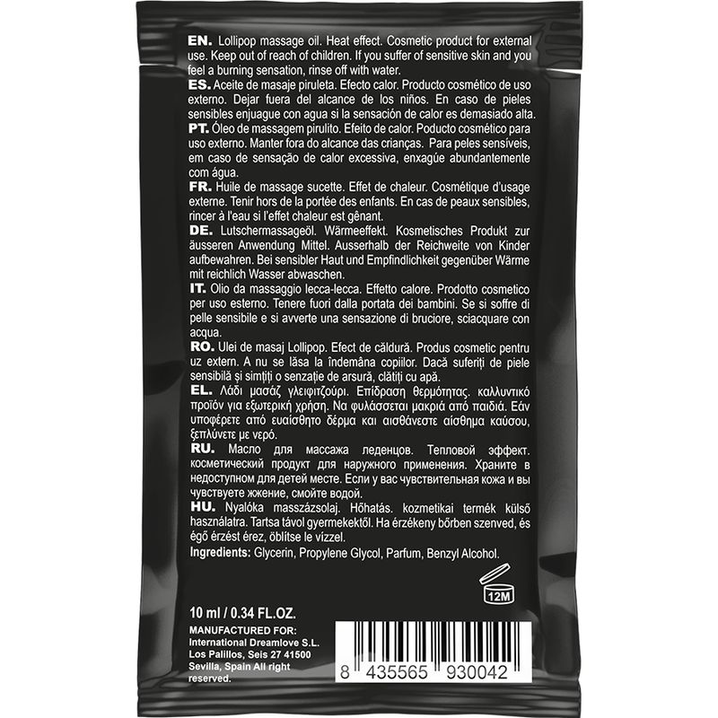 Retro della confezione di olio da massaggio Coquette Lollipop. Contiene informazioni sul prodotto e ingredienti.
