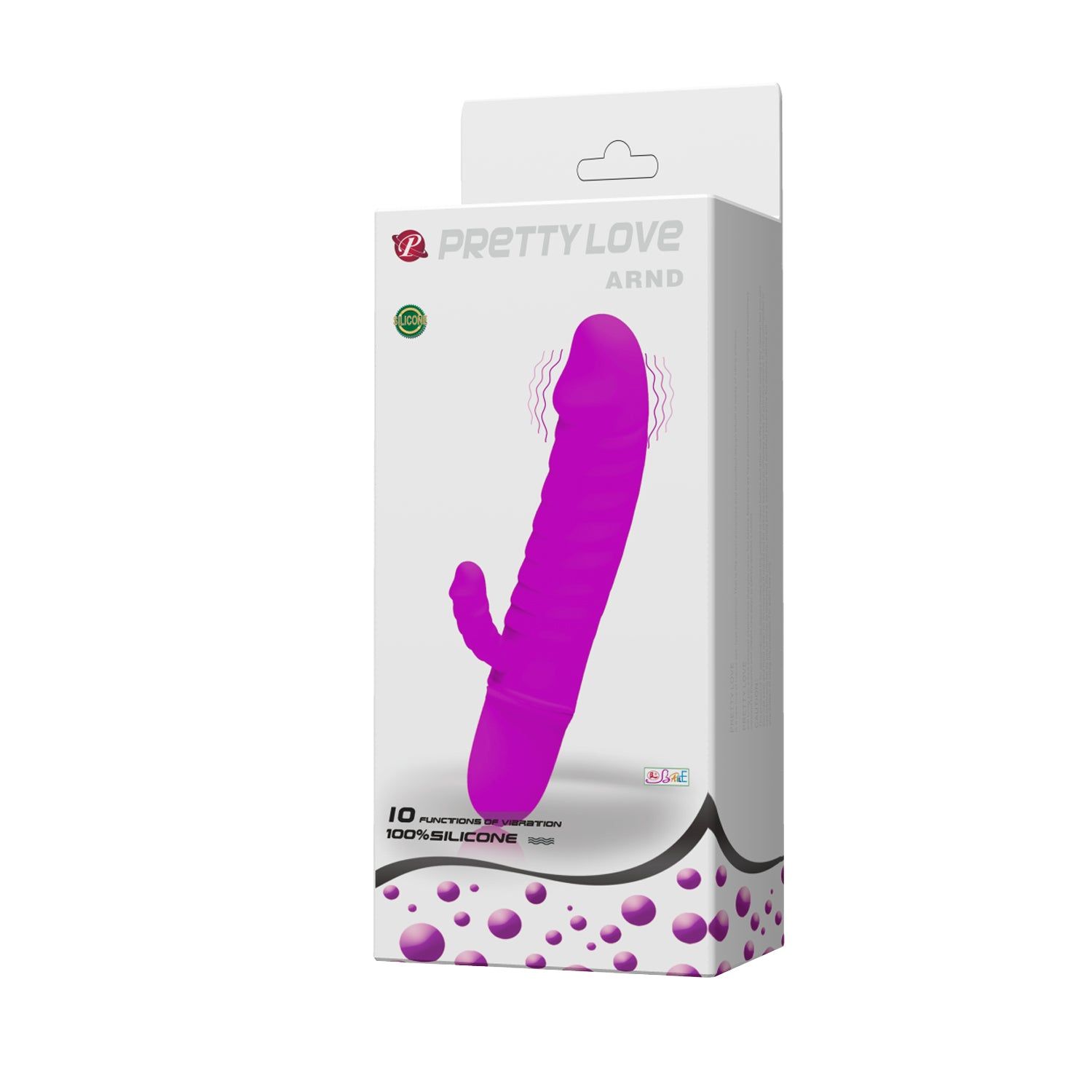 Confezione con un vibratore rosa. Sulla confezione c'è scritto « Pretty Love » e « Arnd ».