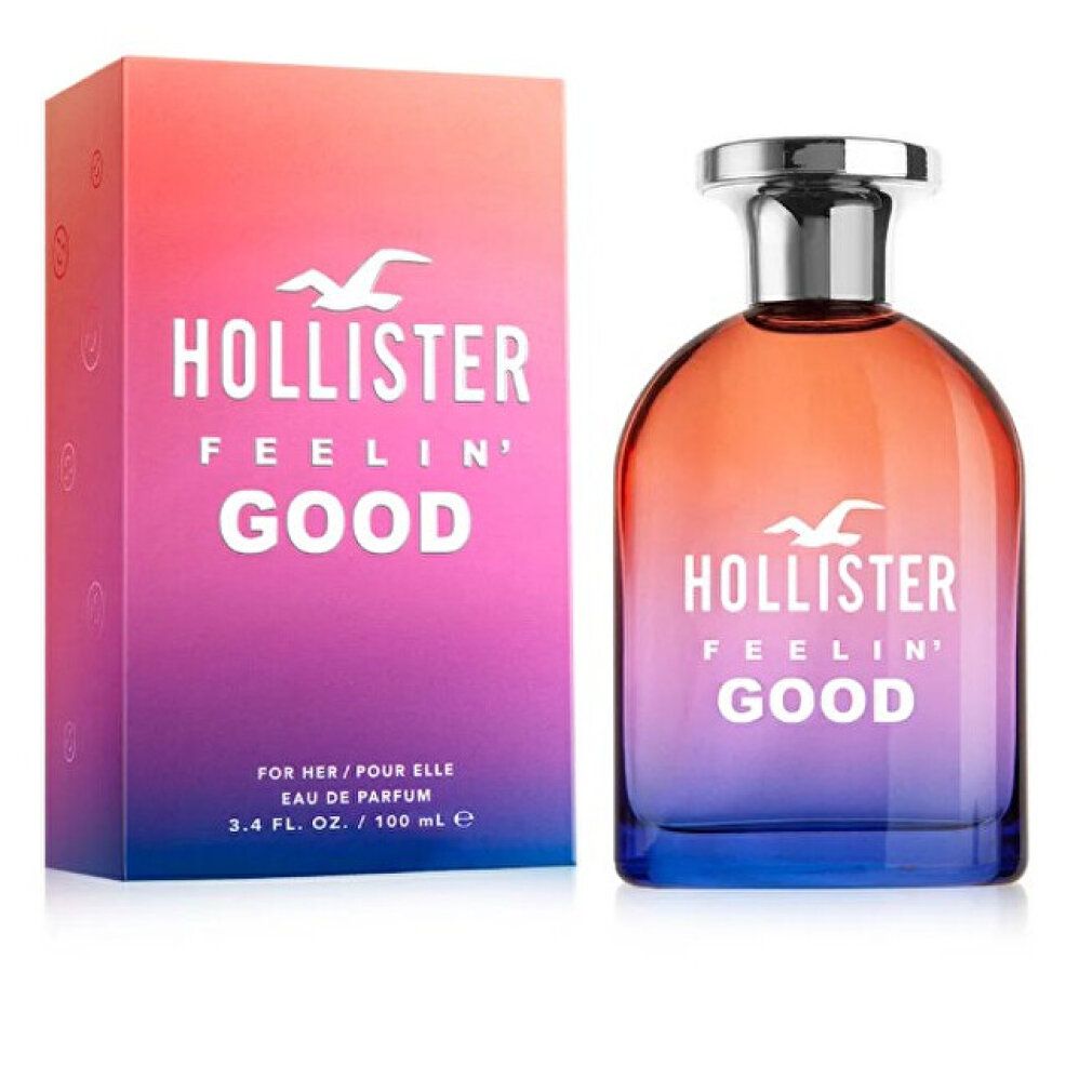 Flacone di profumo e confezione. Flacone sfumato arancione-blu. Scritta: Hollister Feelin' Good. Confezione con logo.