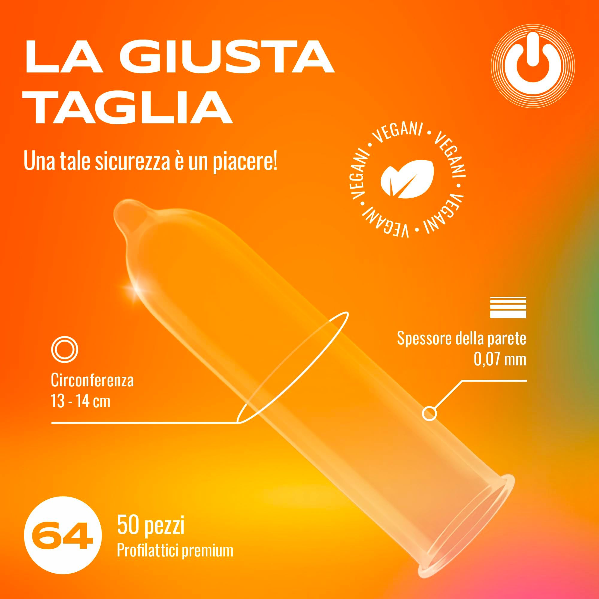 Preservativo ONsize, taglia 64mm. Sigillo vegan. Spessore 0,07mm. 50 pezzi.