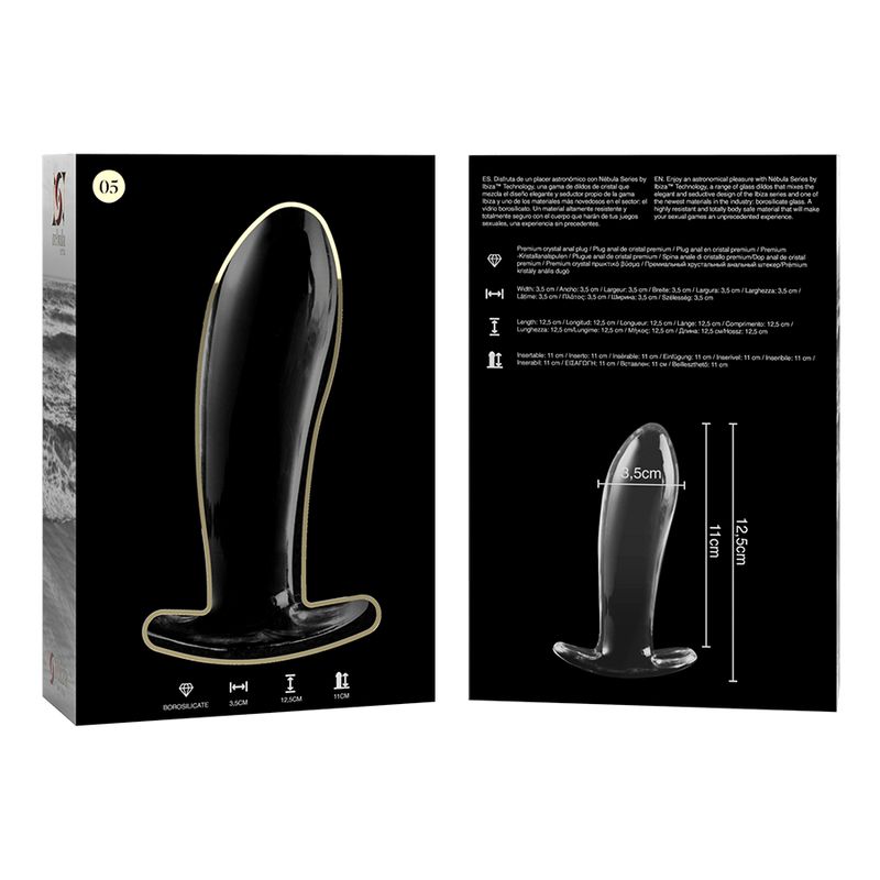 Confezione e plug anale in vetro trasparente, dimensioni: 12,5 cm lunghezza, 3,5 cm larghezza.