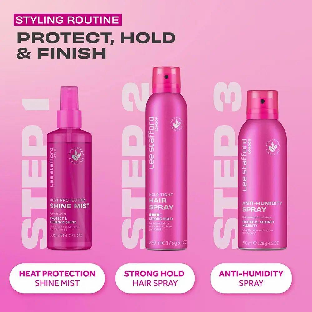 Tre flaconi spray rosa: Heat Protection Shine Mist, Strong Hold Hair Spray, Anti-Humidity Spray. Routine di styling.
