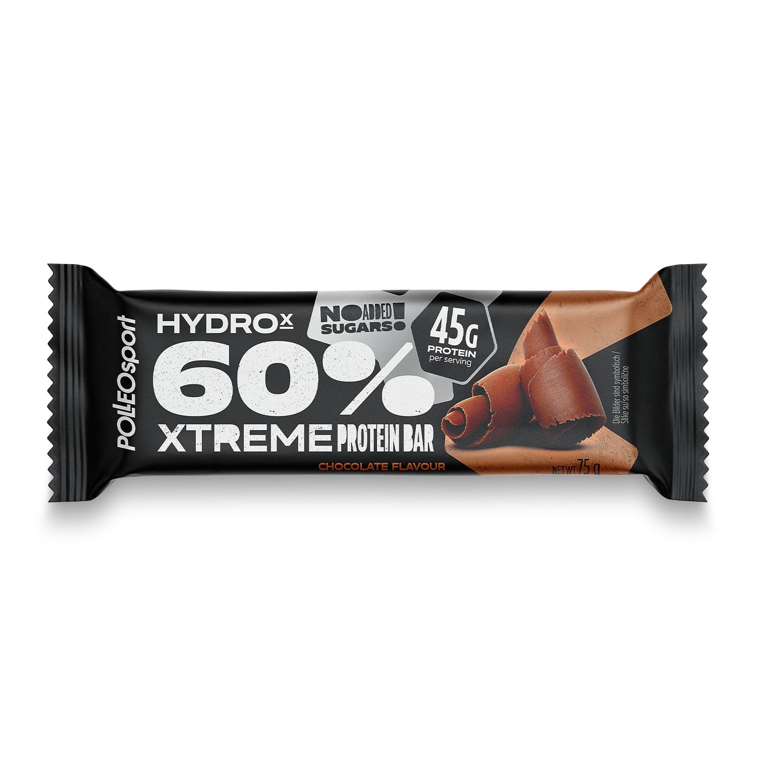 Barretta proteica nera 60% proteine, gusto cioccolato. Contiene 45g di proteine per porzione. Confezione con logo e nome del prodotto. Senza zuccheri.