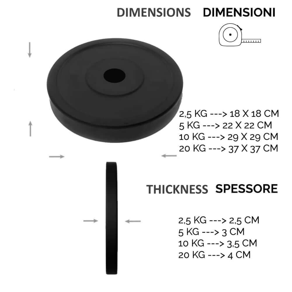Disco pesi nero. Dimensioni e spessore indicati. Per allenamento fitness.