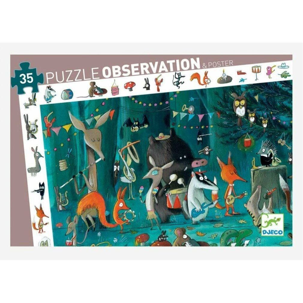 Scatola puzzle con orchestra nella foresta, 35 pezzi. Scritto: Puzzle Observation & Poster. Logo Djeco.