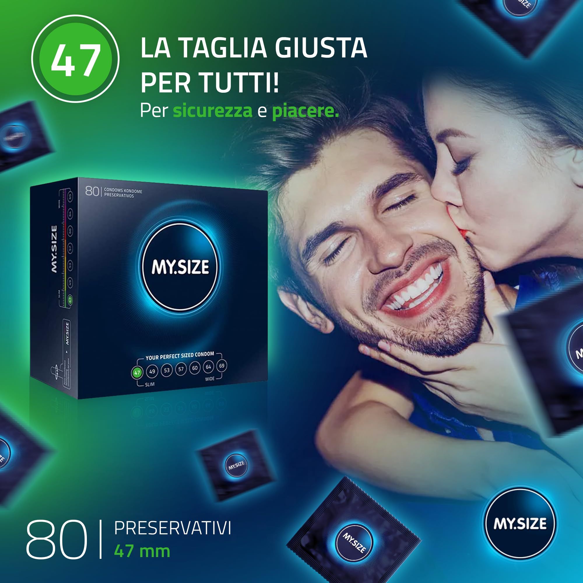 MY.SIZE Classic Preservativi 47mm. Coppia che si bacia, circondata da preservativi singoli e una confezione.