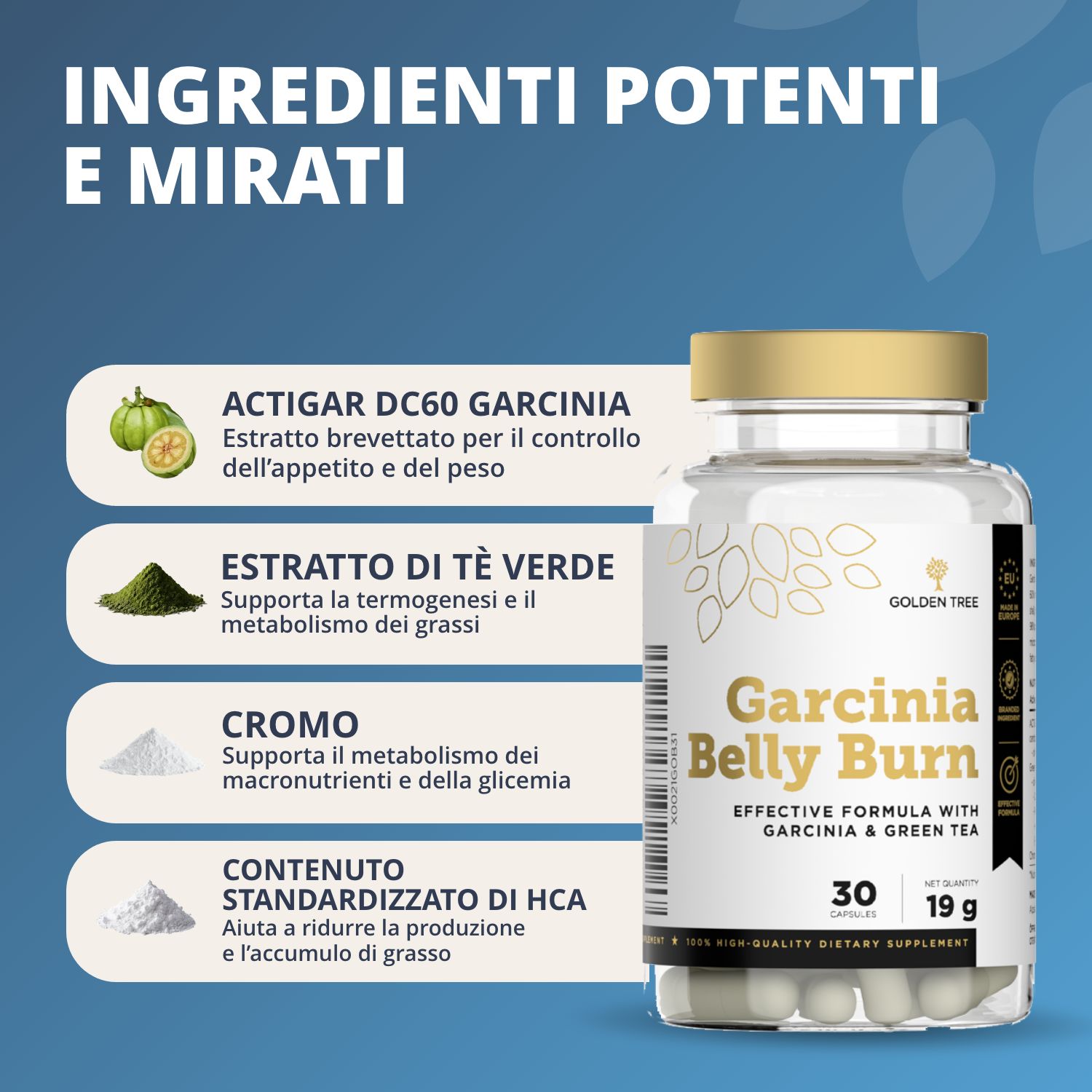 Flacone Garcinia Belly Burn con elenco di ingredienti come Garcinia ed estratto di tè verde.