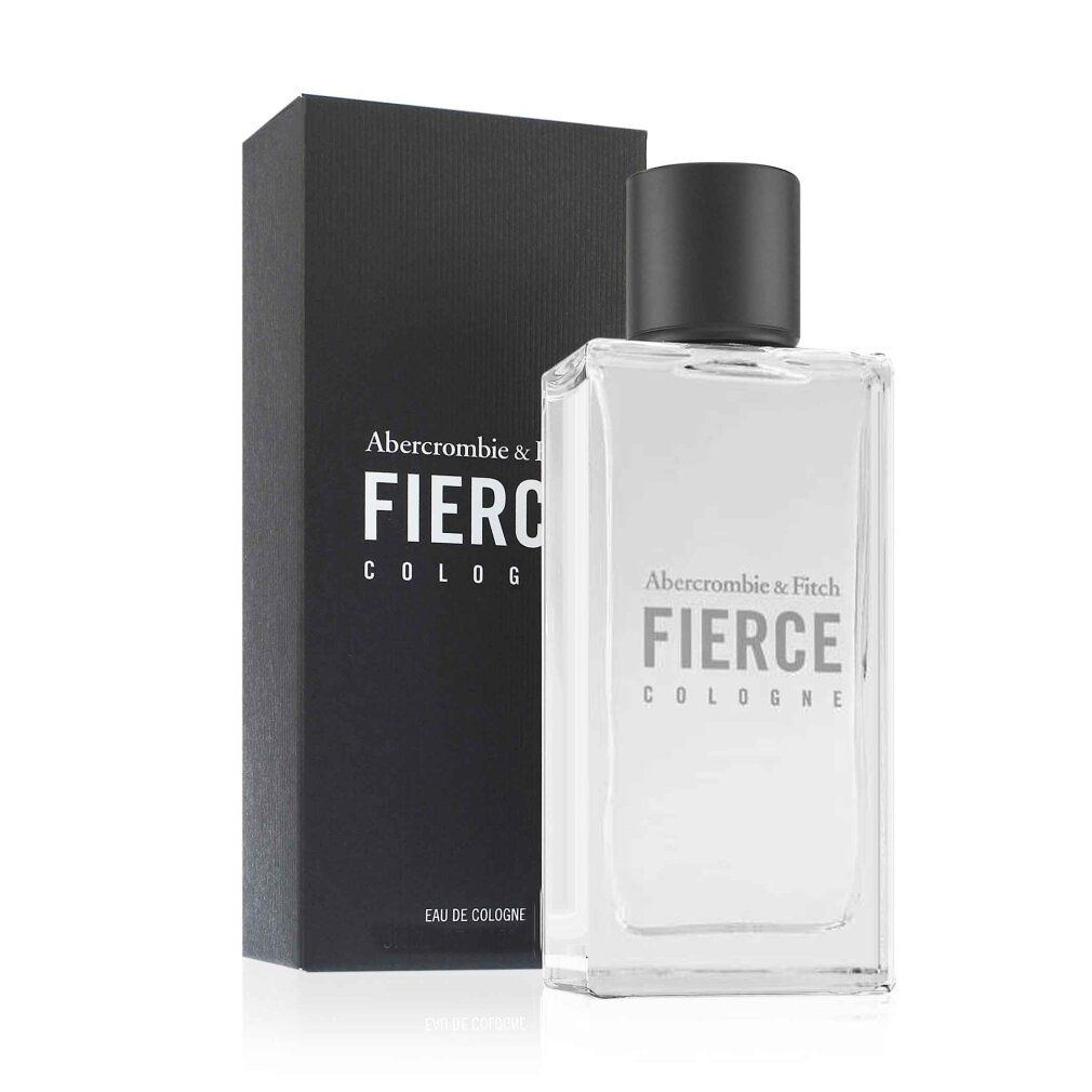 Flacone in vetro con tappo nero e scatola. Scritta: Abercrombie & Fitch FIERCE COLOGNE.