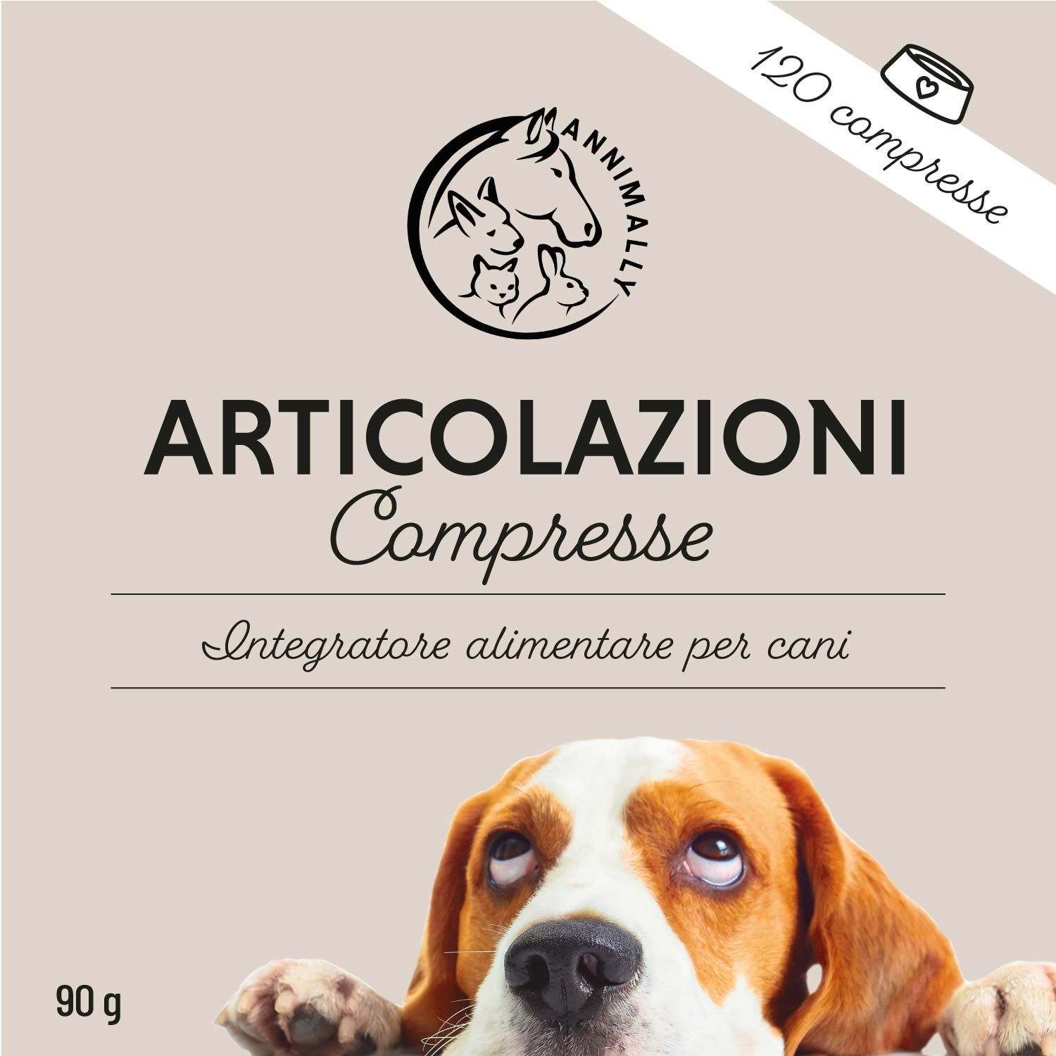 Confezione del prodotto con logo e testo: Articolazioni Compresse. 120 compresse. Immagine di cane.