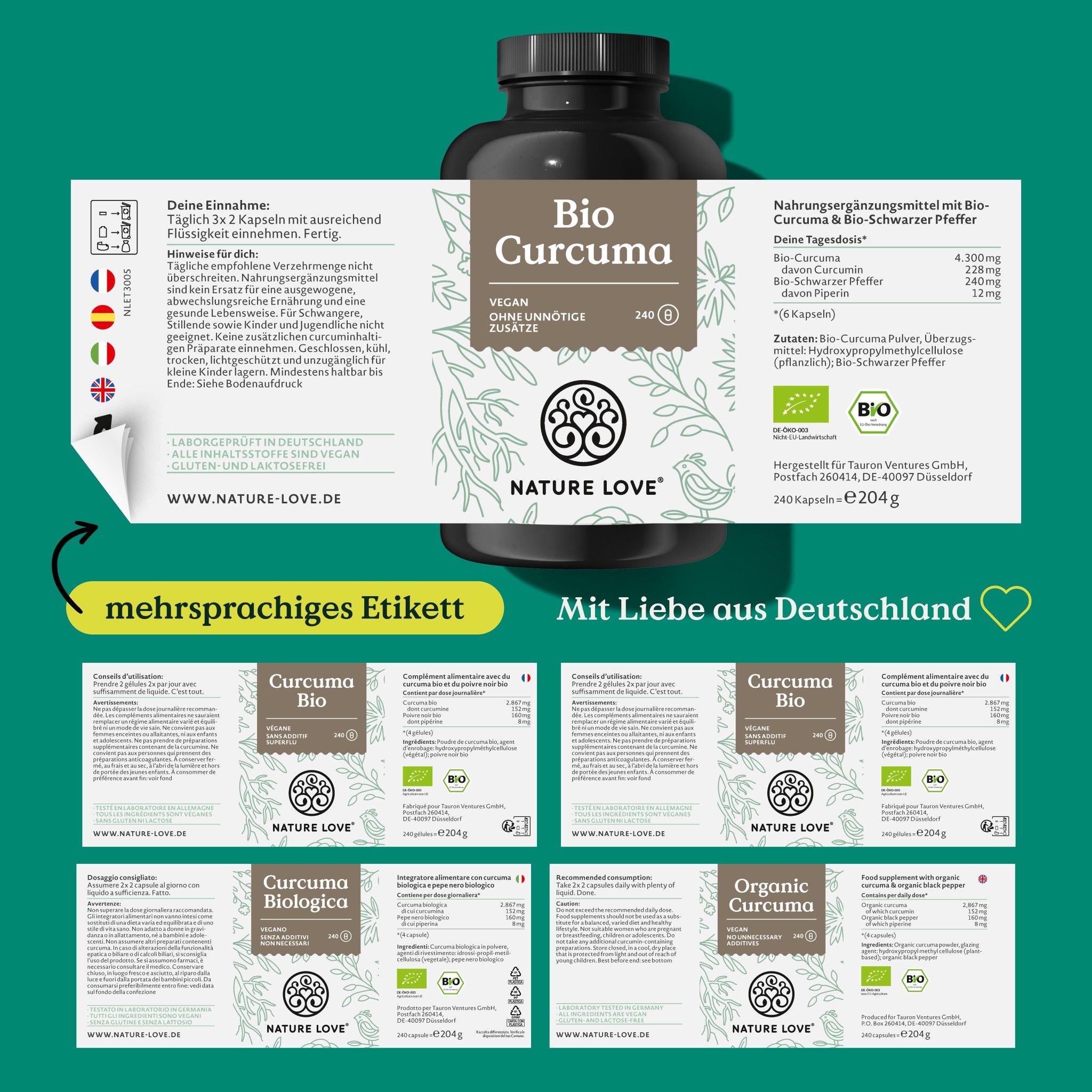 Etichetta con informazioni su Bio Curcuma. Multilingue. Logo: NATURE LOVE®. Fatto con amore in Germania. Marchio biologico.