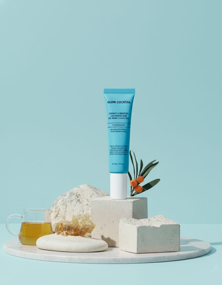 Tubo blu turchese su piedistallo. Scritta: Glow Cocktail, Hydrate & Brighten Hyaluronic Acid Eye Cream. Con decorazioni.