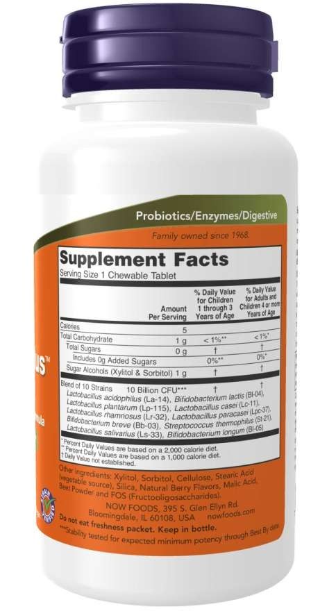 Retro del flacone. Etichetta arancione con informazioni nutrizionali e ingredienti. Testo: 10 ceppi, 10 miliardi di CFU. Marchio: NOW.