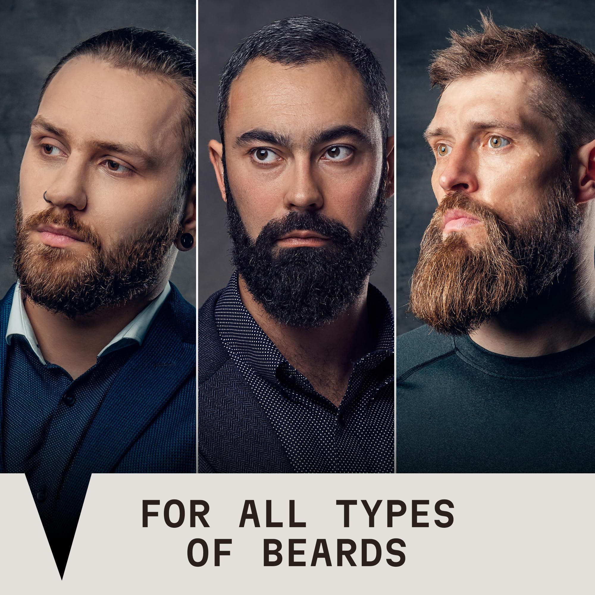 Collage di tre uomini con diversi stili di barba, con la scritta 'FOR ALL TYPES OF BEARDS'.