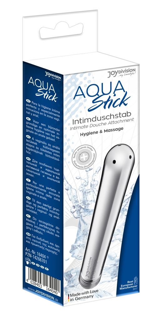 Confezione con accessorio doccia argentato AQUAstick, doccia intima, testo e illustrazione.