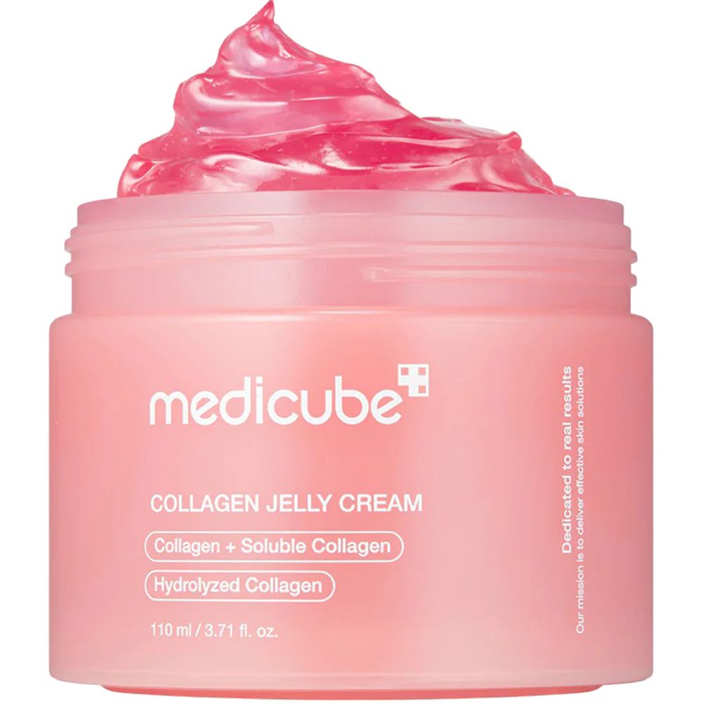 Vaso rosa con crema. Scritta: Medicube, Collagen Jelly Cream. Contiene collagene e collagene idrolizzato.