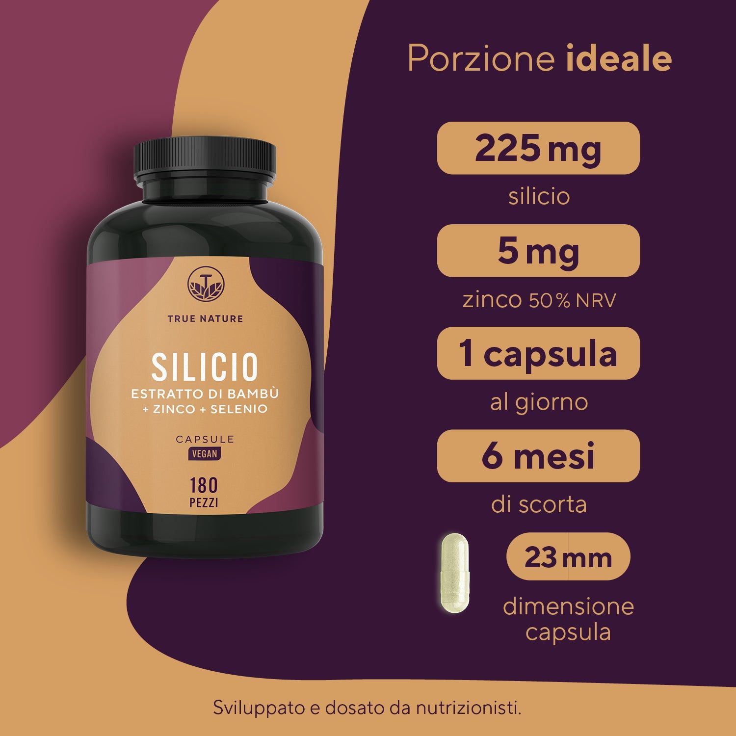 Flacone scuro con capsule. Scritta: Silicio, Estratto di bambù, Zinco, Selenio. 180 capsule. Vegano. Dimensione capsula 23mm.