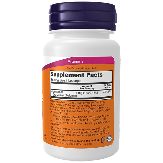 Flacone bianco con tappo viola. Etichetta arancione con testo: Supplement Facts, Vitamina B-12. Contiene 1 mg (1.000 mcg).
