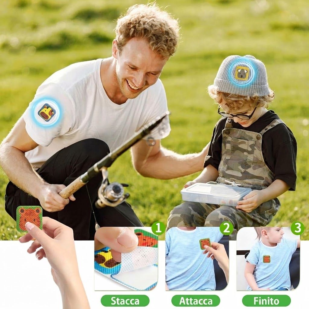 Uomo e bambino con cerotti antizanzare. Passaggi: staccare, attaccare, finire. Cerotto con motivo orso.