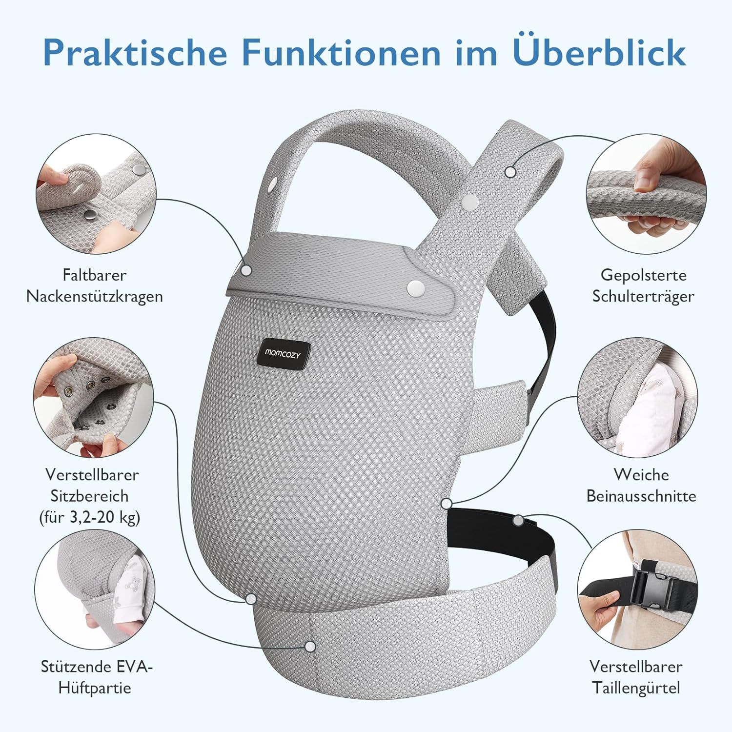Momcozy Marsupio per Bambini Leggero e Traspirante in Rete Air Mesh Grigio
