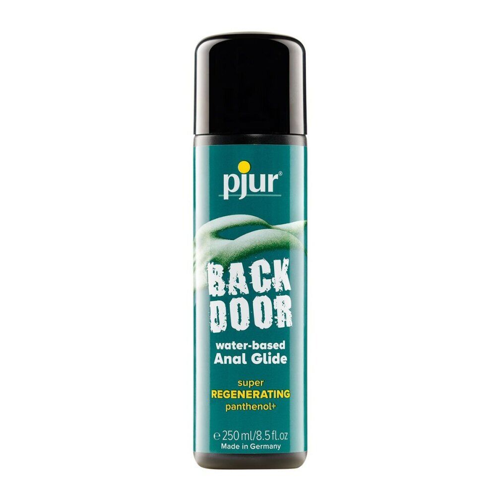 Flacone verde con tappo nero. Scritta: pjur, BACK DOOR, water-based Anal Glide, super regenerating panthenol+. Made in Germany. 250 ml/8.5 fl.oz.