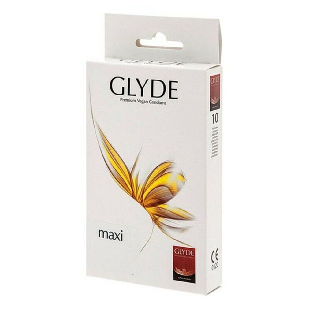 Confezione di preservativi Glyde Ultra Maxi. Scatola bianca con logo, 10 pezzi. Vegan. Design floreale.