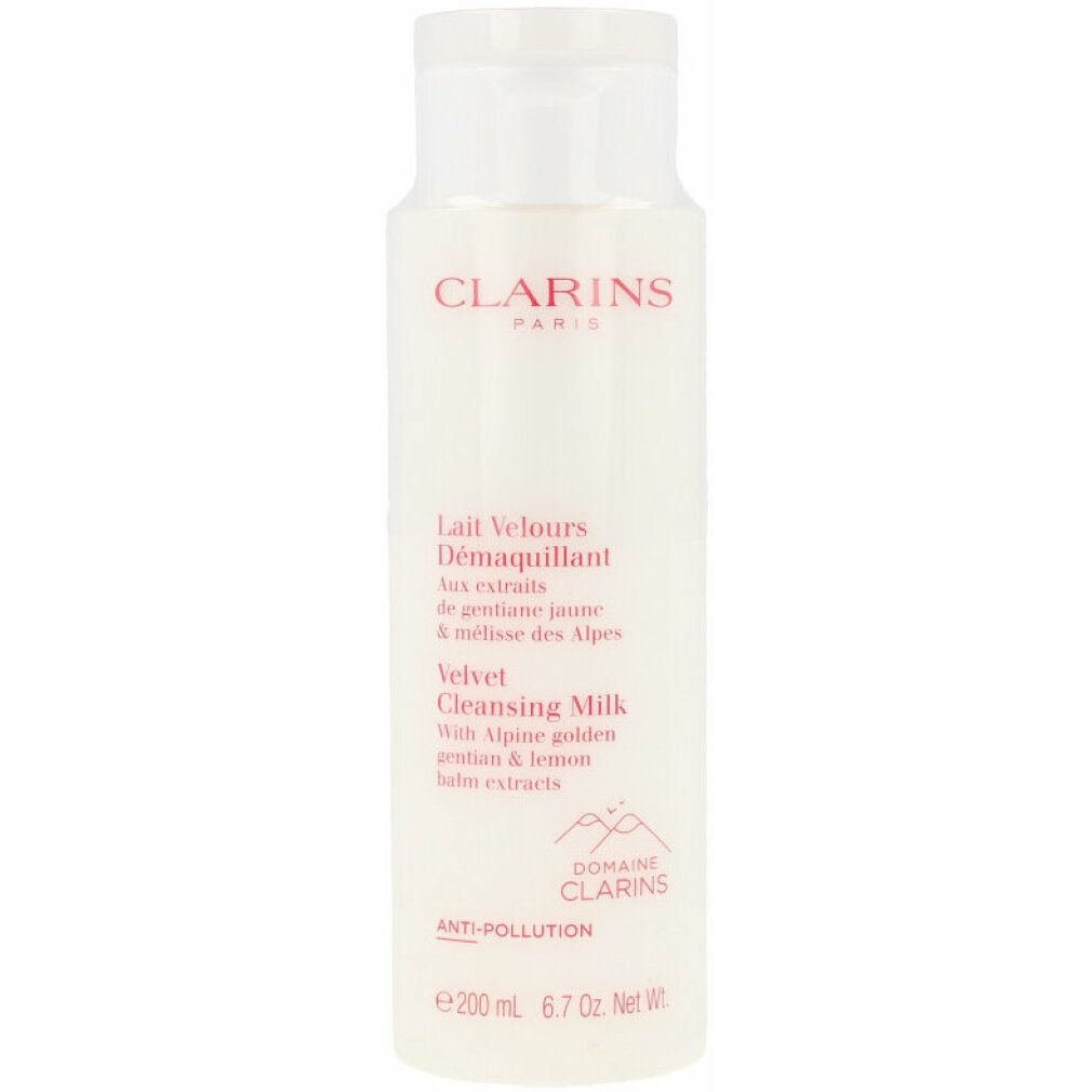 Flacone bianco con tappo a ribalta. Scritta: Clarins Paris, Lait Velours Démaquillant, Velvet Cleansing Milk. 200 ml.