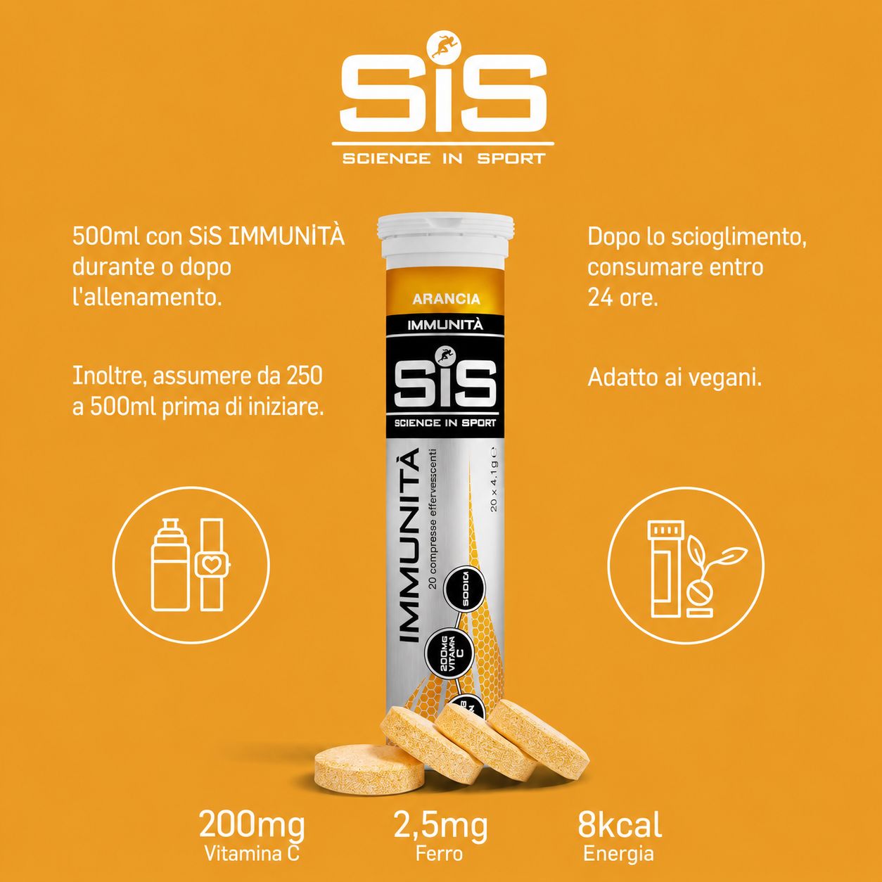 Compresse effervescenti arancioni in tubo. Scritta: SIS IMMUNE, 20 compresse. Quattro compresse.