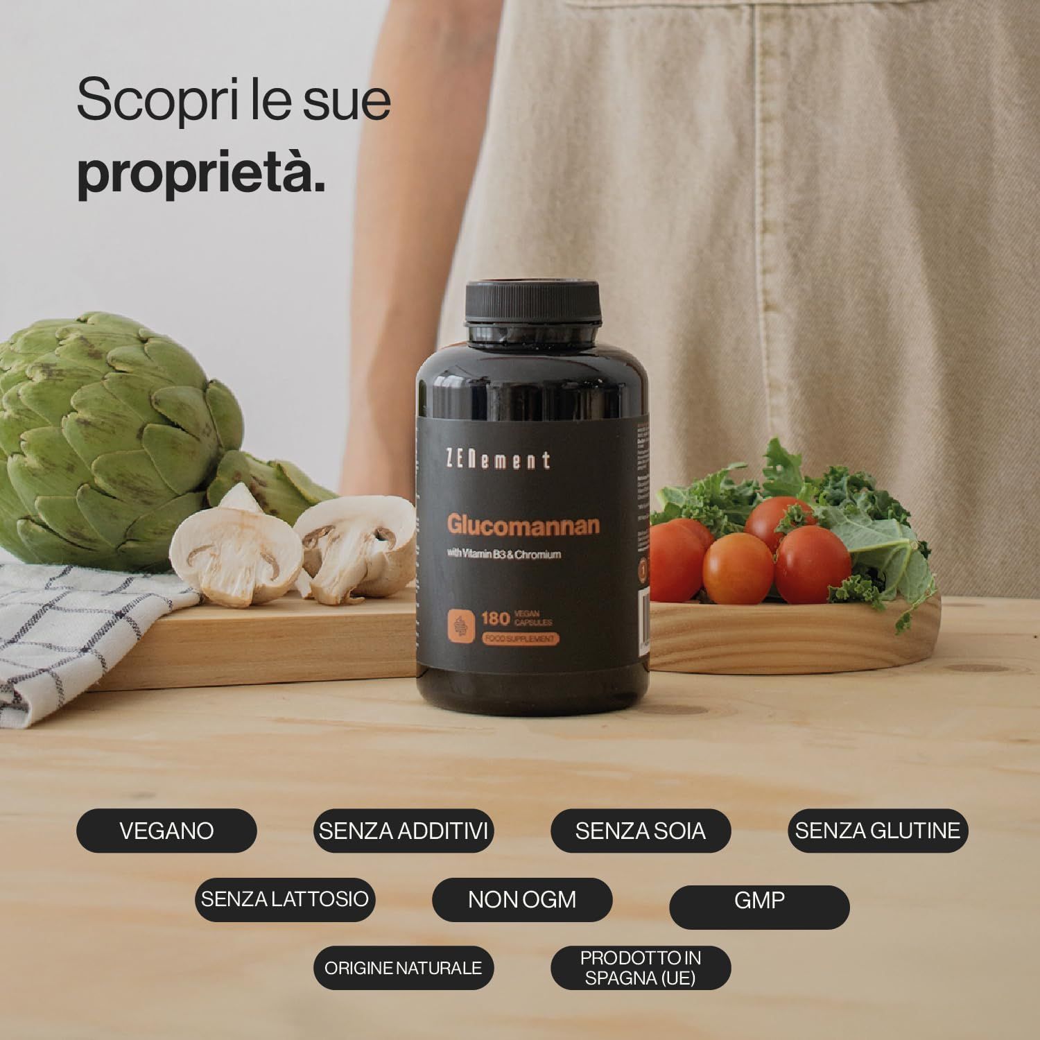 Flacone nero di capsule Zenement Glucomannan. Scritta: Glucomannan, 180 capsule. Vegano, senza additivi, senza soia, senza glutine.