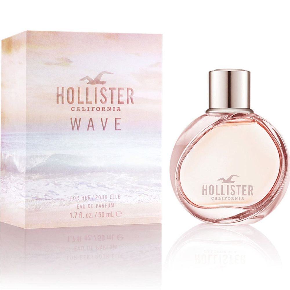 Flacone rotondo rosa e scatola abbinata. Scritta: Hollister California Wave. Eau de parfum.