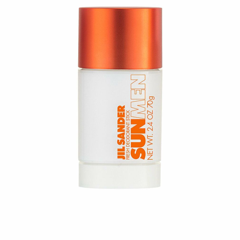 Stick deodorante con tappo arancione. Scritta: Jil Sander Sun Men Fresh Deodorant Stick. Peso netto: 2,4 OZ 70g.