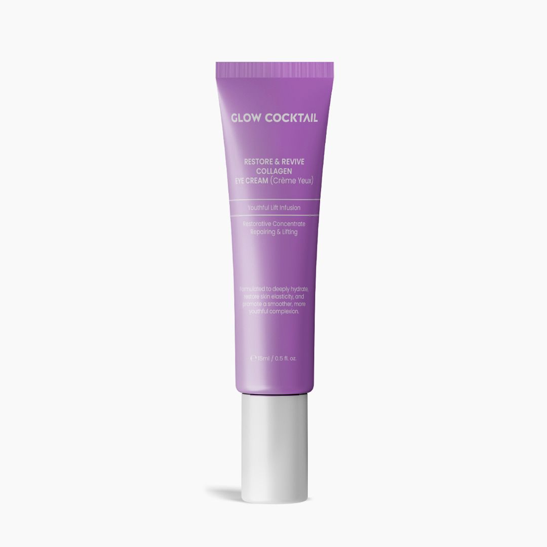 Tubo viola con tappo bianco. Testo: Glow Cocktail, Restore & Revive Collagen Eye Cream. Altre righe di testo.