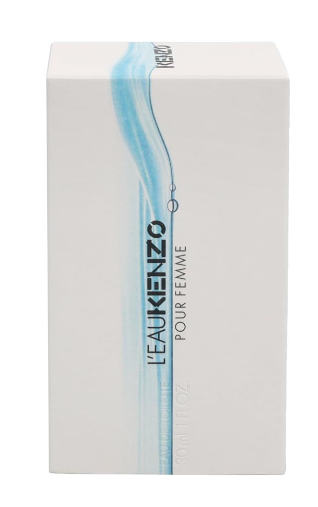 Confezione bianca con design blu. Scritta: L'EAU KENZO POUR FEMME. Confezione rettangolare con design blu a forma di onda.