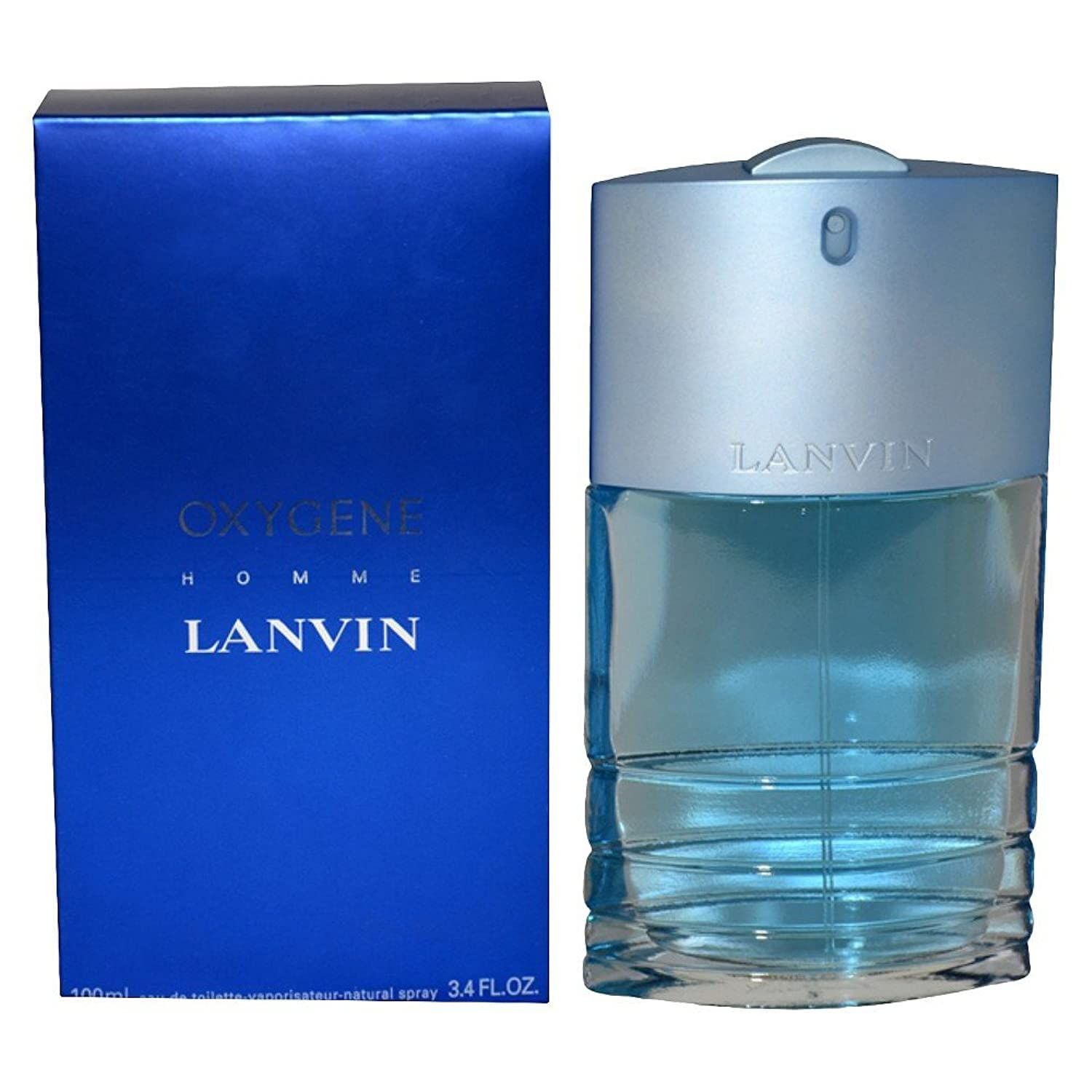 Flacone blu con tappo argentato e scatola blu. Scritta: OXYGENE HOMME LANVIN.