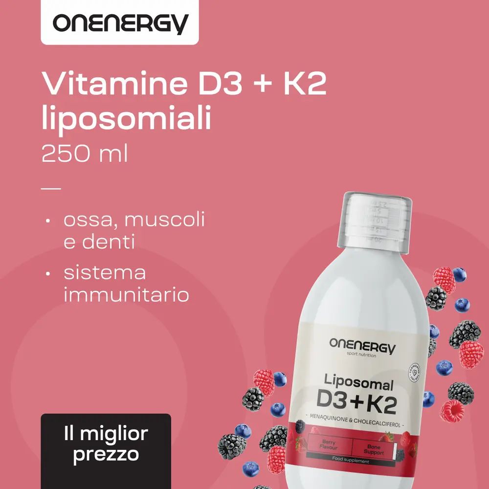 OnEnergy D3+K2 liposomiale, 250 ml. Ossa, muscoli, denti, sistema immunitario. Frutti.