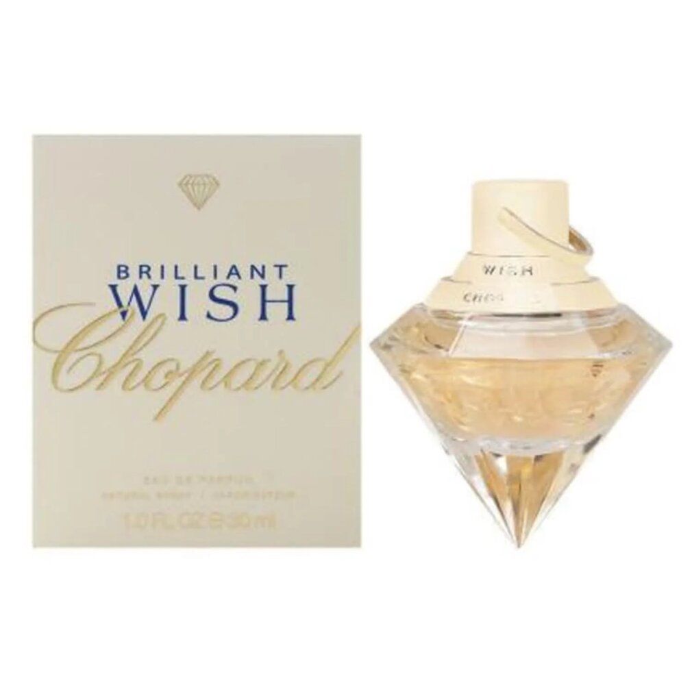 Flacone di profumo e confezione. Flacone a forma di diamante, dorato. Confezione: bianca, scritta: BRILLIANT WISH Chopard.