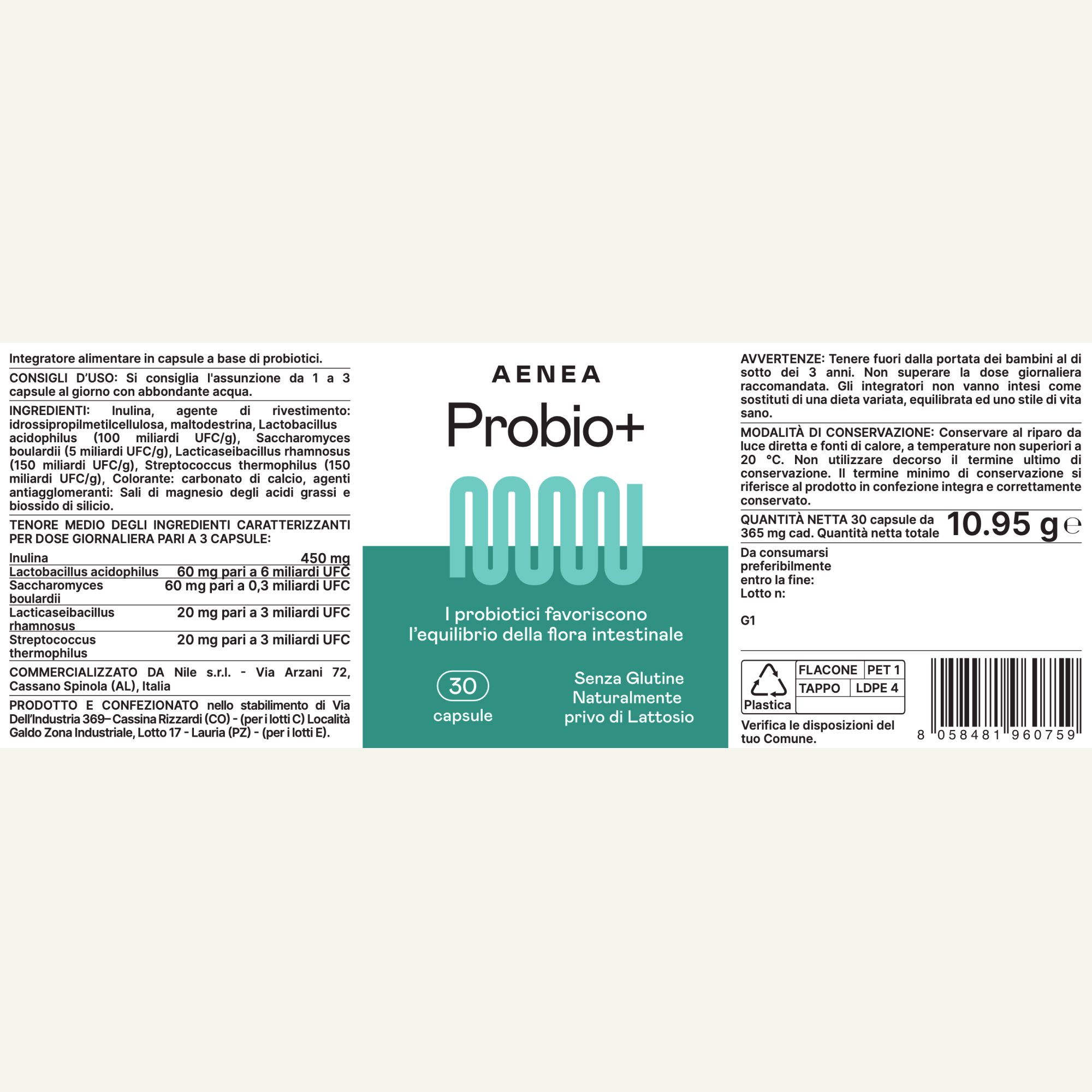 Etichetta Aenea Probio+ con ingredienti, dosaggio, avvertenze. 30 capsule. Senza glutine, senza lattosio.