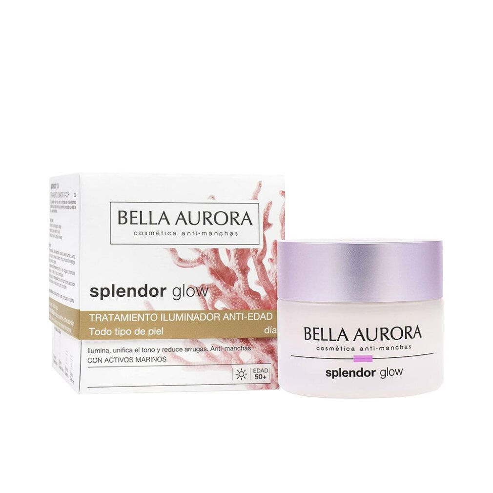 Vasetto di crema e scatola. Scritta: BELLA AURORA, splendor glow. Testo.