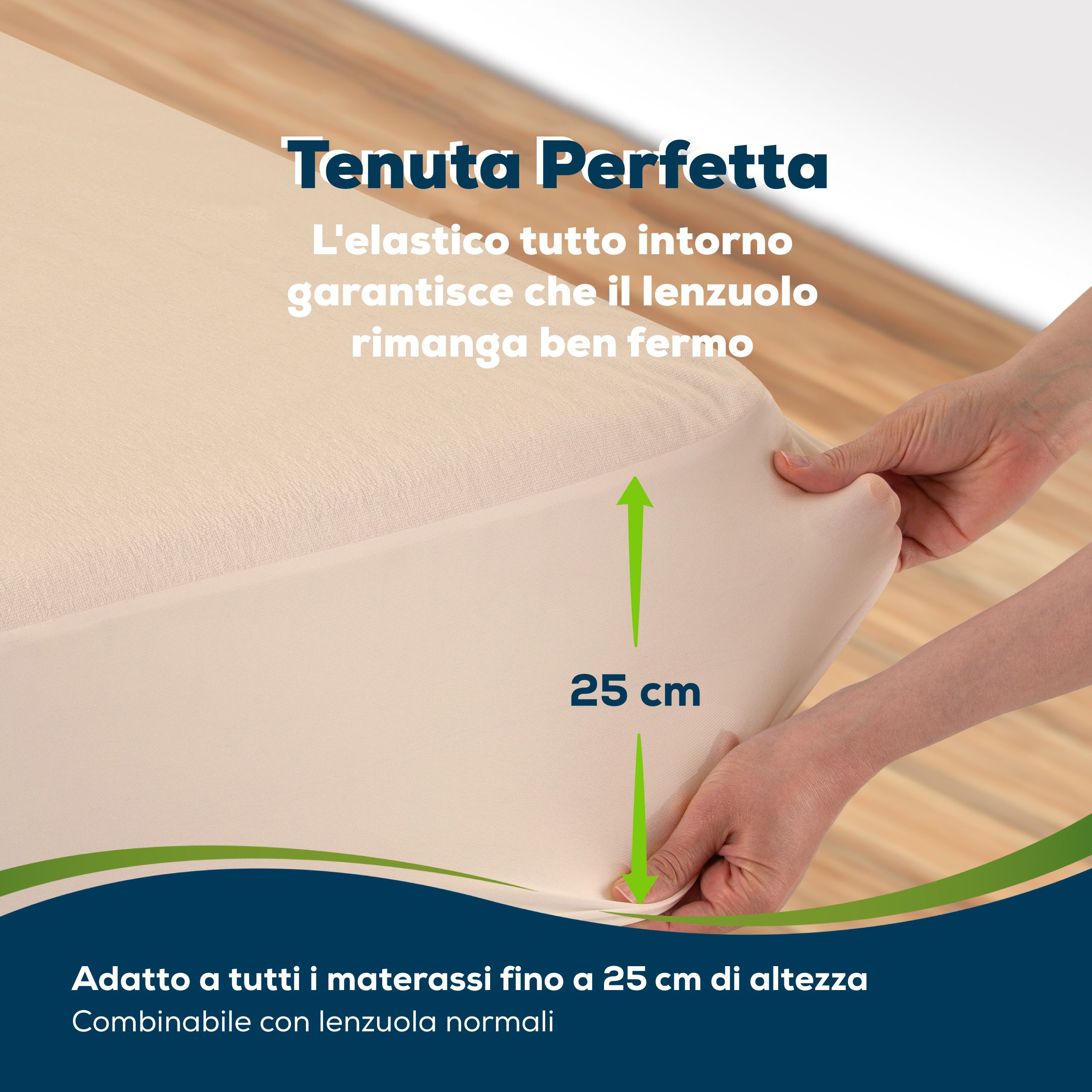 Lenzuolo con angoli beige con elastico perimetrale, per materassi fino a 25 cm.