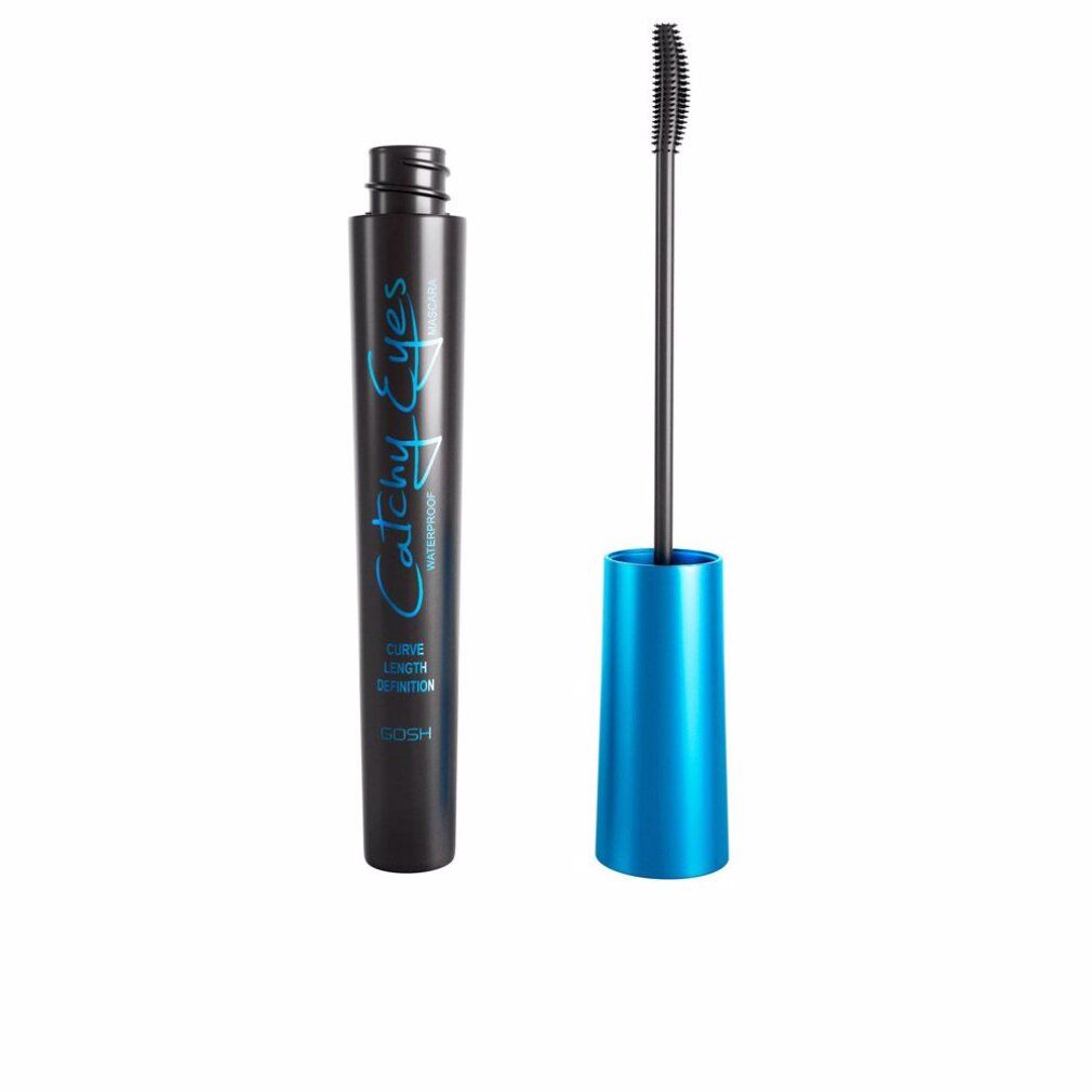 Tubo di mascara nero e spazzola. Scritta blu: Catchy Eyes, Waterproof. Tappo blu. Spazzola nera.