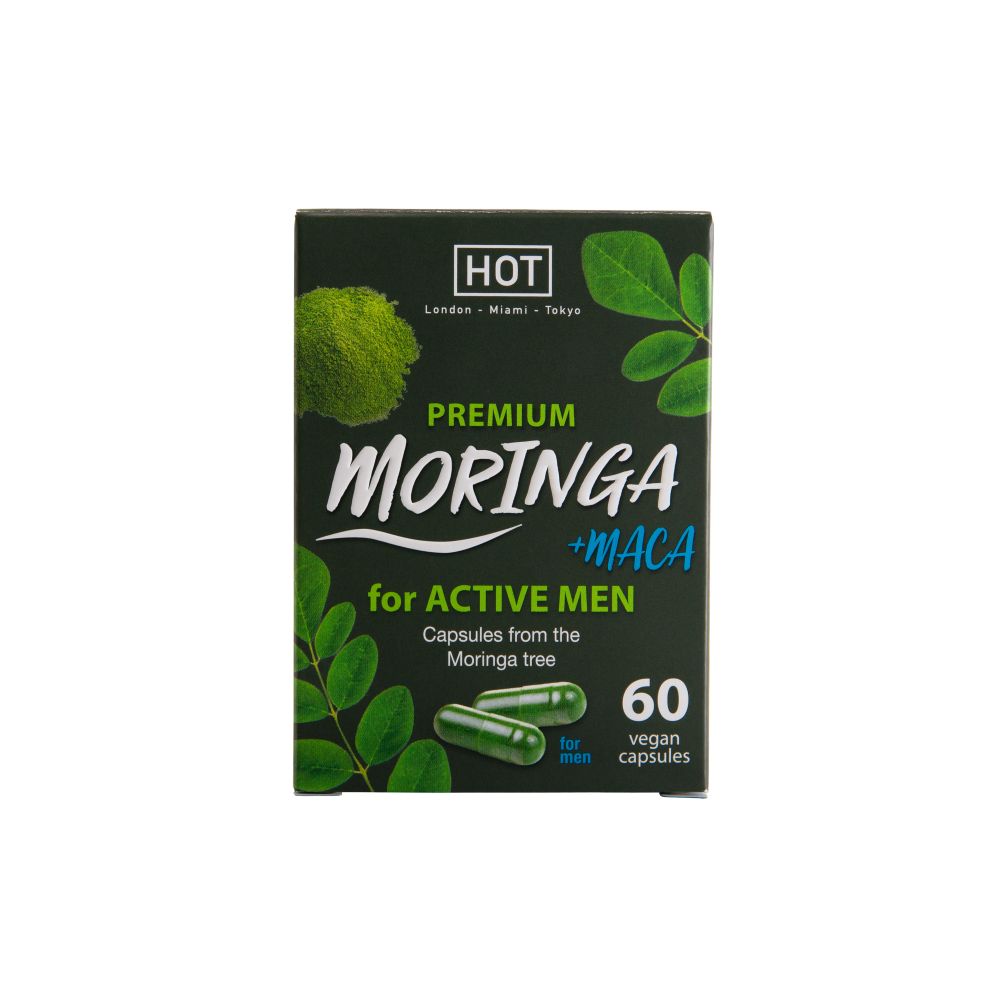 Scatola nera con foglie verdi e capsule Moringa + Maca. Contiene 60 capsule vegane.