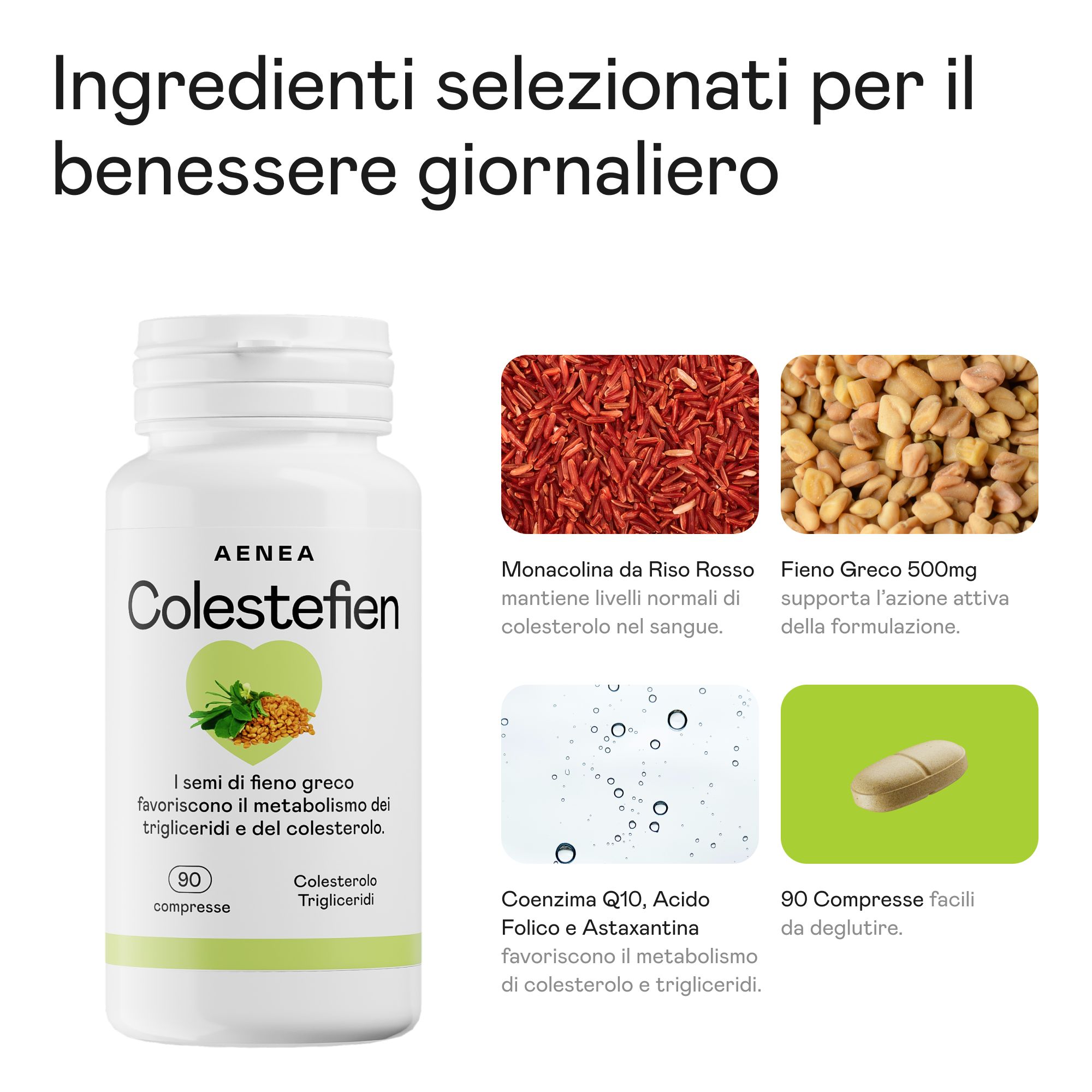 Flacone Aenea Colestefien con 90 compresse. Riso rosso, semi di fieno greco, coenzima Q10 e una compressa illustrati.