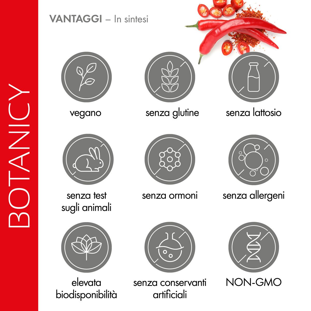 Simboli dei vantaggi: vegano, senza glutine, senza lattosio, senza test sugli animali, senza ormoni, senza allergeni, ecc.
