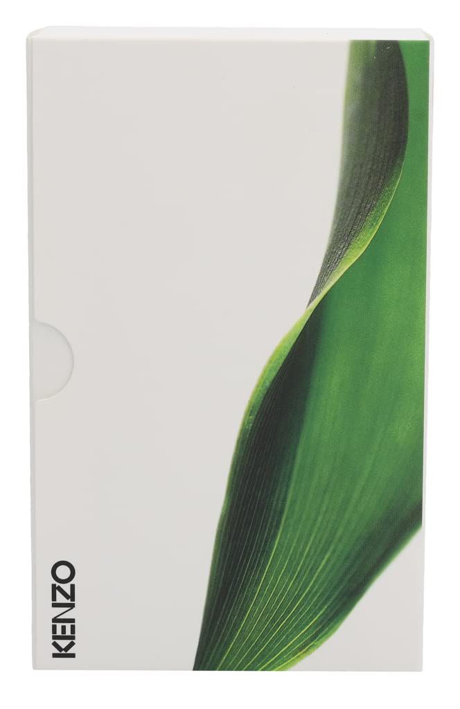 Confezione con motivo a foglia verde e scritta Kenzo. Su sfondo bianco. Lato con angolo arrotondato.