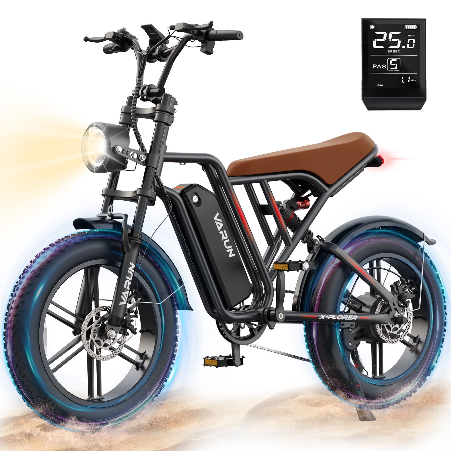 E-bike VARUN X-Plorer nero stile ciclomotore, sella marrone, faro e display digitale. Pneumatici grassi.
