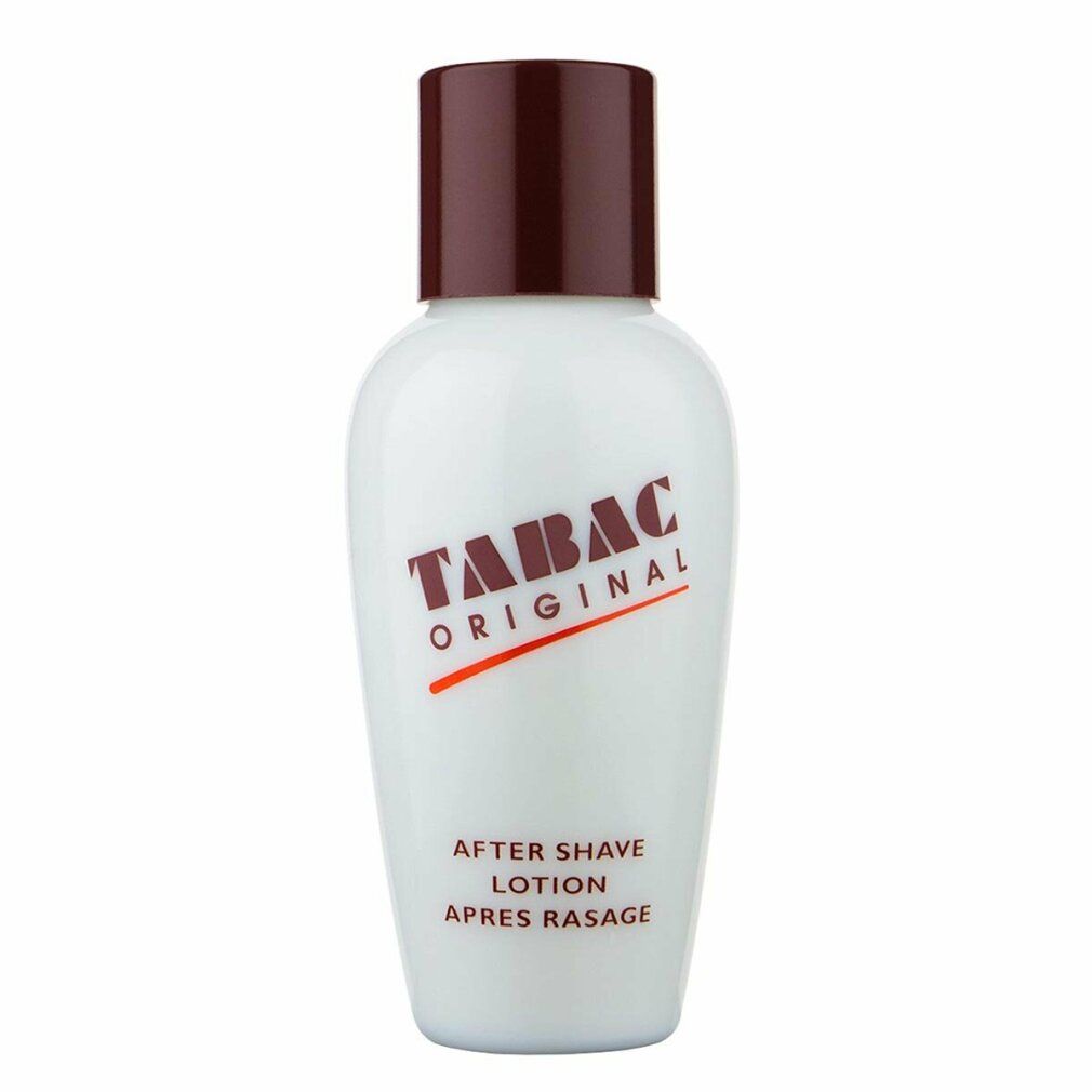 Flacone bianco con tappo marrone. Scritta: TABAC ORIGINAL, AFTER SHAVE LOTION, APRES RASAGE.