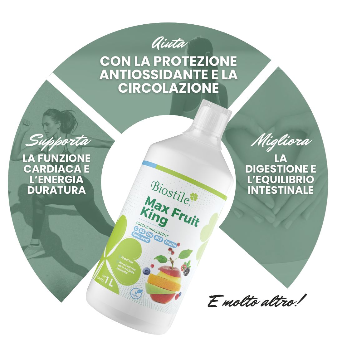 Bottiglia Biostile Max Fruit King. Testo: Aiuta con la protezione antiossidante e la circolazione. 1L.