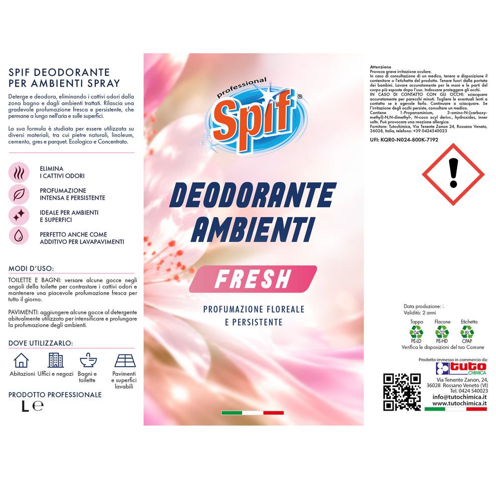 Spif Deodorante Ambienti Fresh bottiglia con tappo rosso. Etichetta con fiori e scritte.