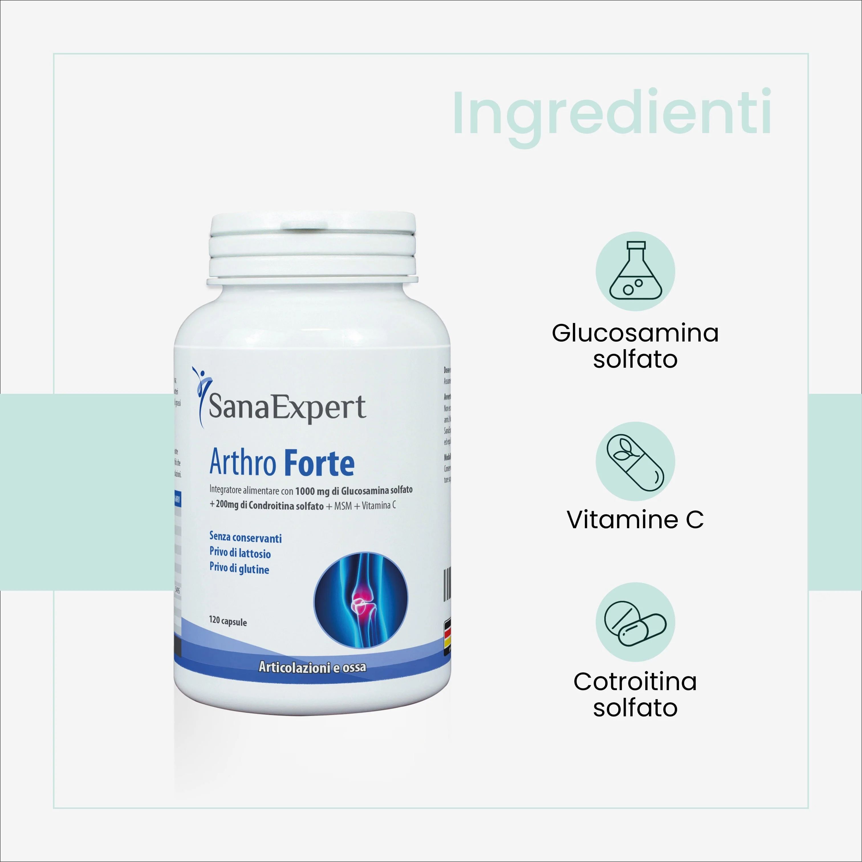Flacone SanaExpert Arthro Forte con ingredienti: solfato di glucosamina, vitamina C, solfato di condroitina.