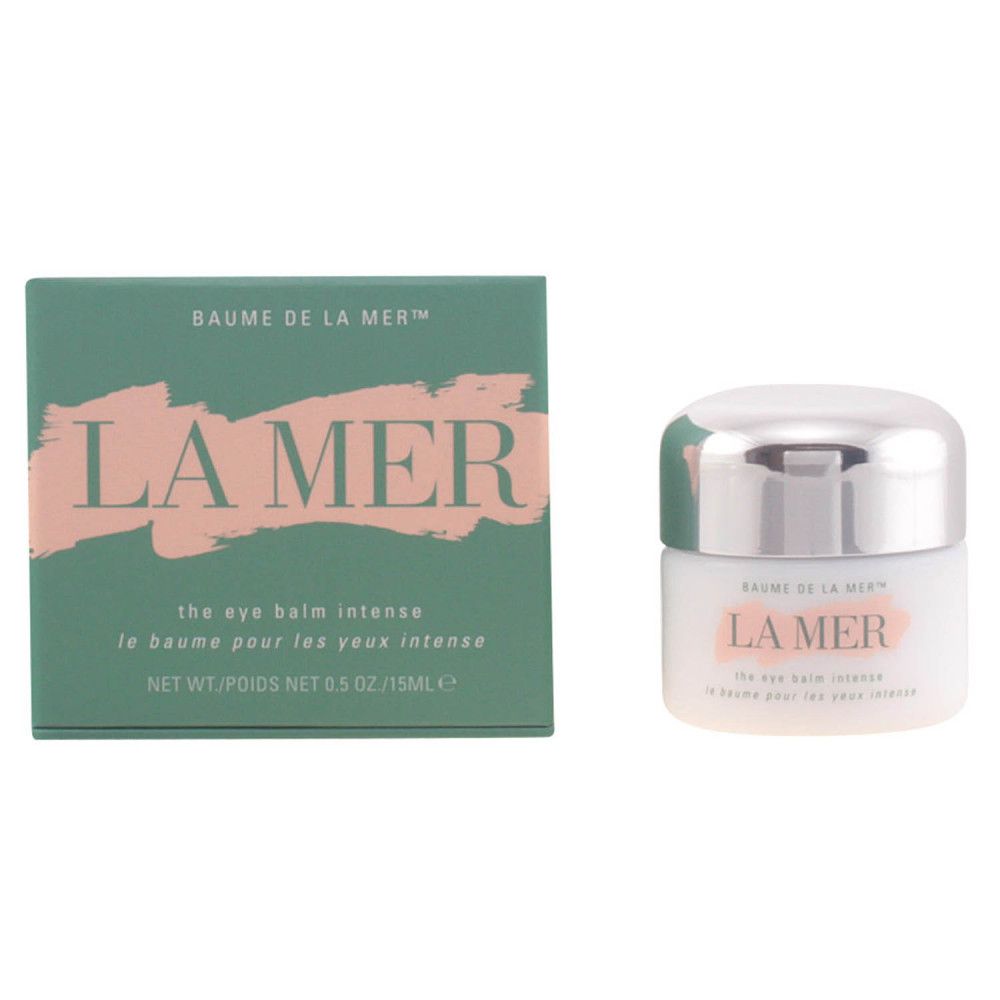 Confezione e vasetto verdi. Sulla confezione "LA MER" e "the eye balm intense". Il vasetto ha un coperchio argentato.